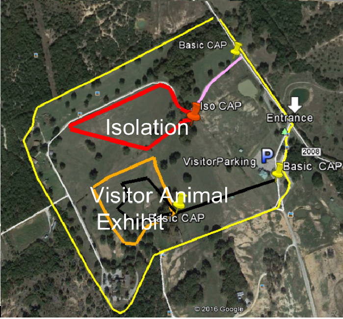 A completed example map showing perimeter, isolation, controlled access points, visitor areas, parking, paths, animal exhibits, and other key areas.